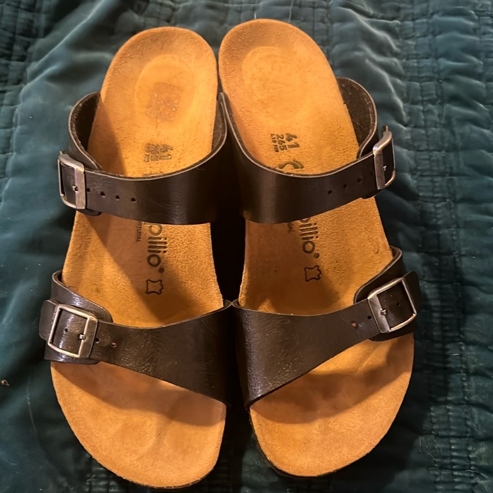 Birkenstock Black Leather Two-Strap Wedge Sandals